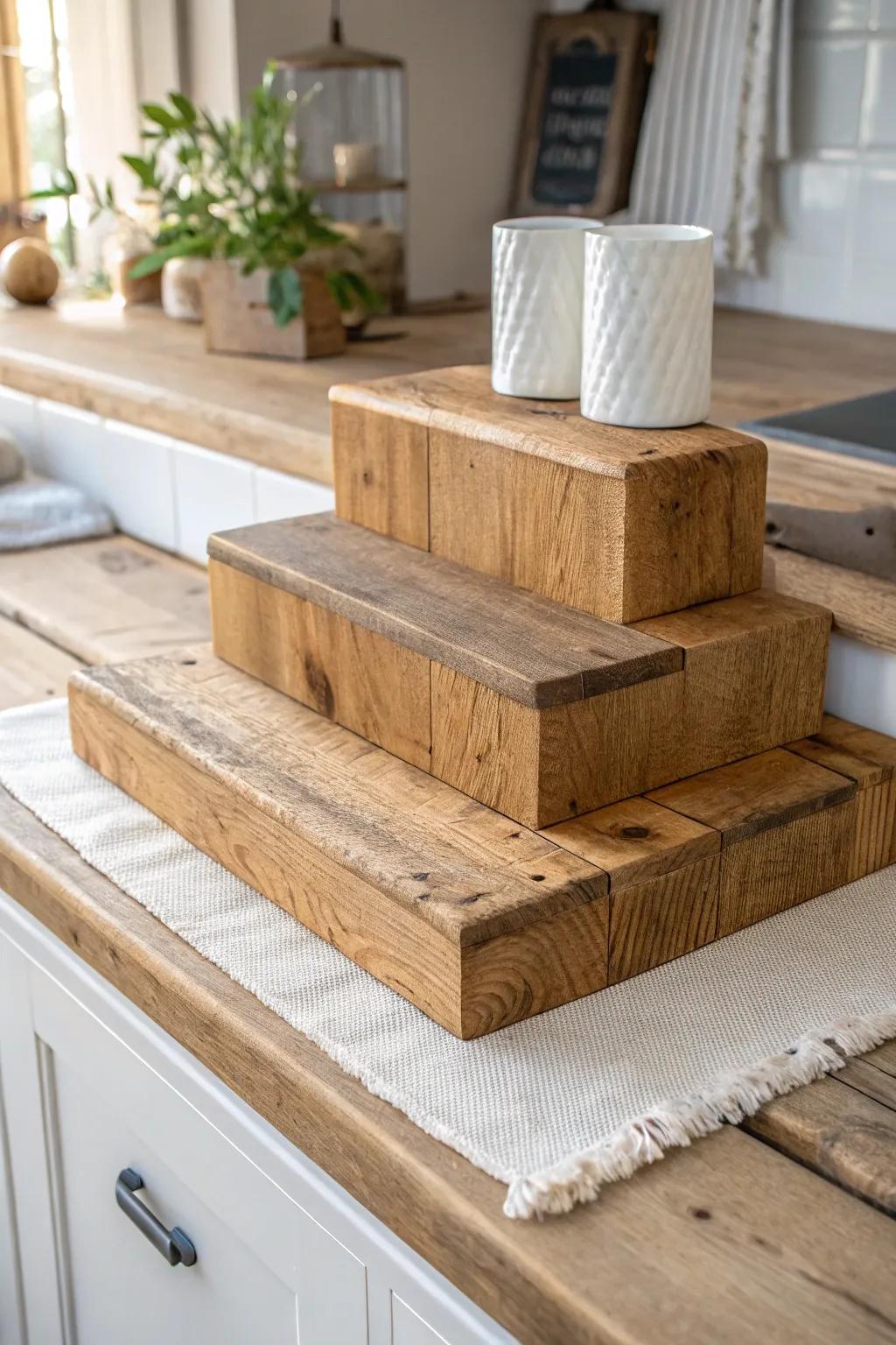 A simple scrap-wood tiered riser instantly turns a flat counter into a rustic, layered display.