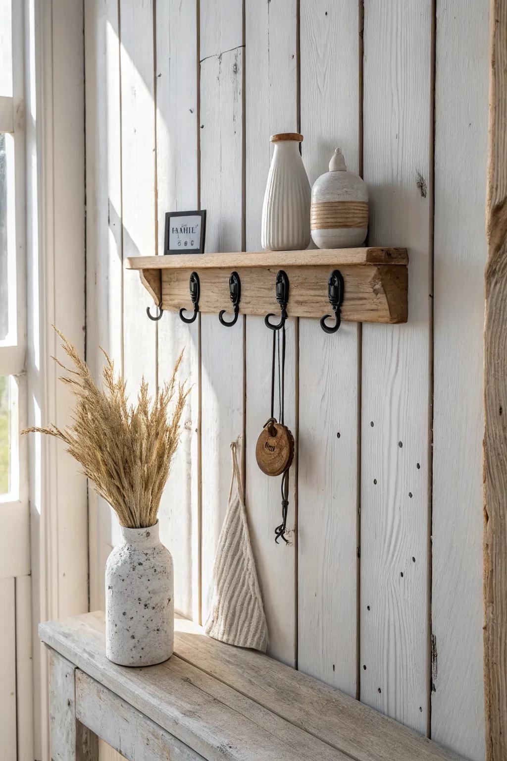 Rustic shiplap entryway panel with sturdy hooks and an oak ledge—simple, warm, hardworking.