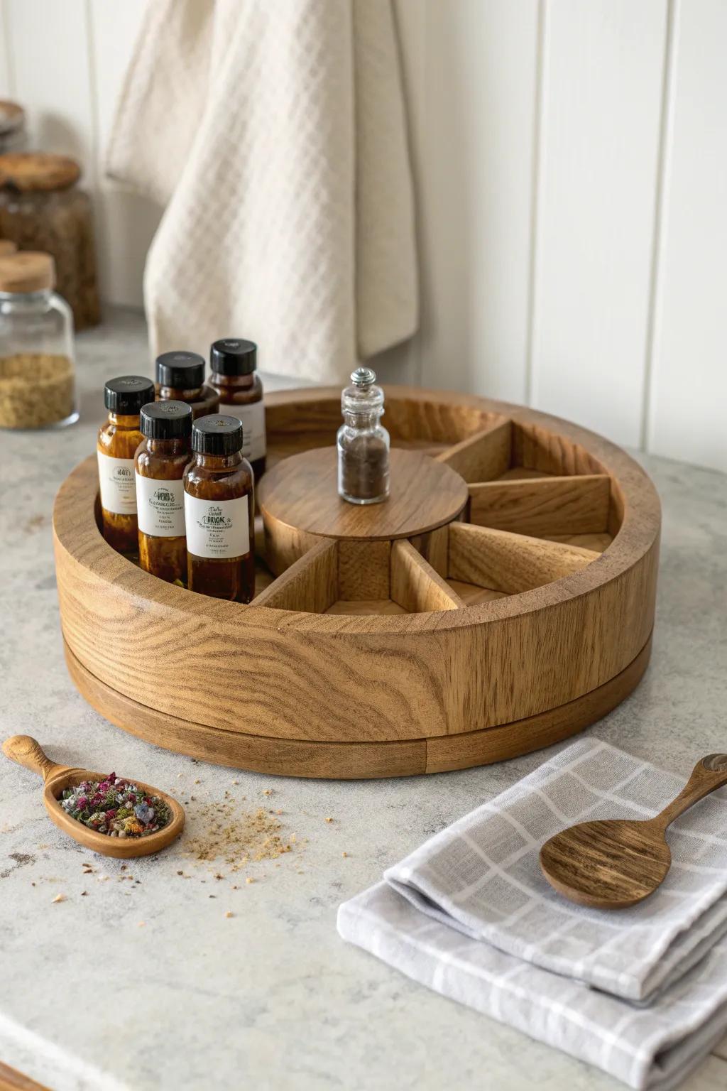 Rustic wooden lazy Susan spice turntable—organized, handcrafted, and beautiful on the counter.