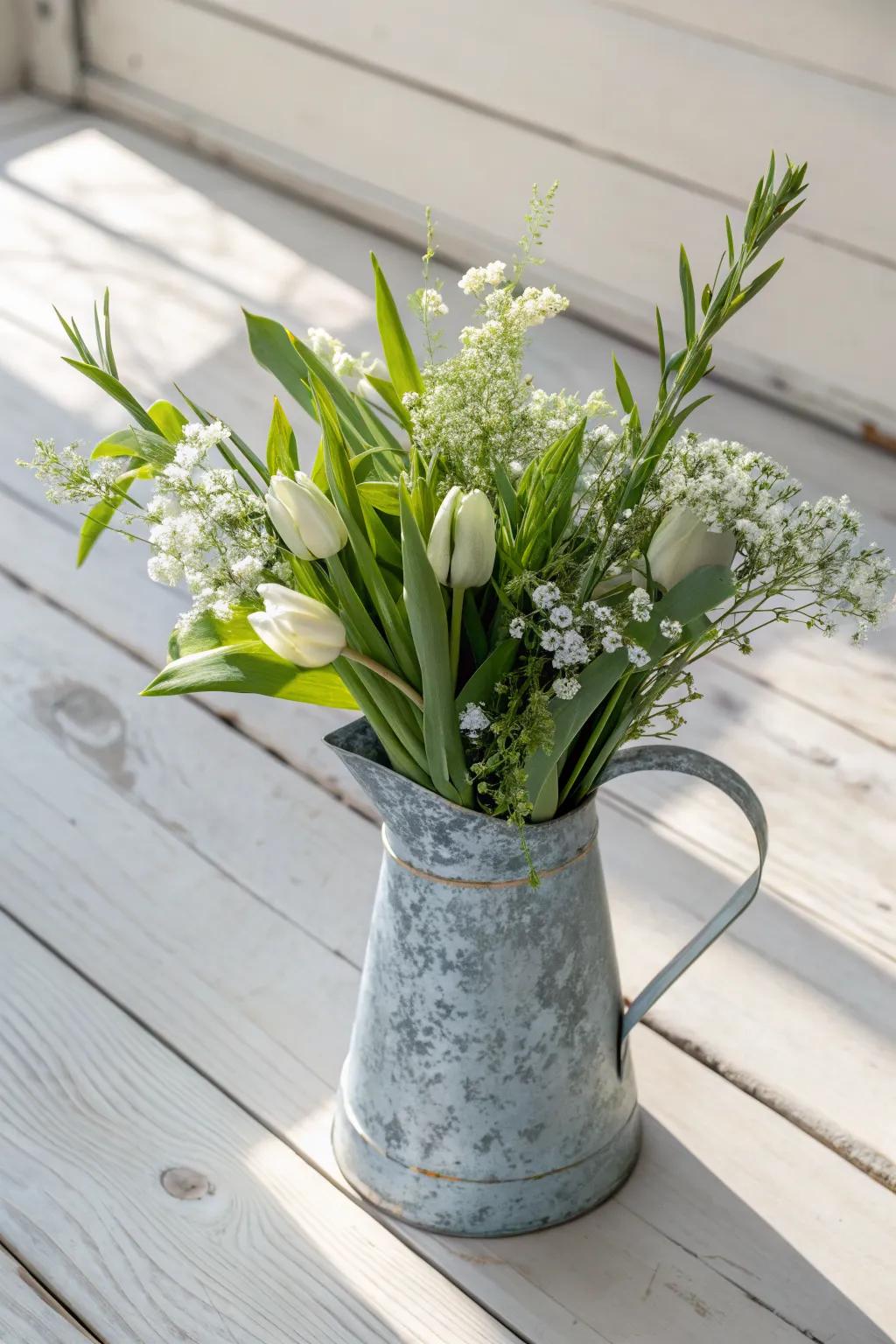 Thrifted galvanized pitcher + spring stems: an effortless rustic vase moment for your table