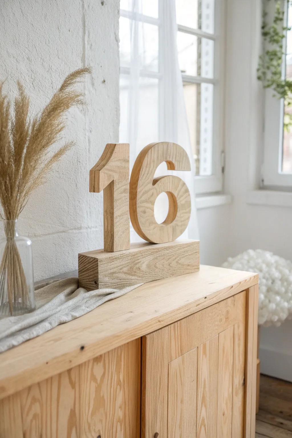 Oversized wooden “16” cut from plywood—whitewashed, waxed, and perfectly rustic-chic.