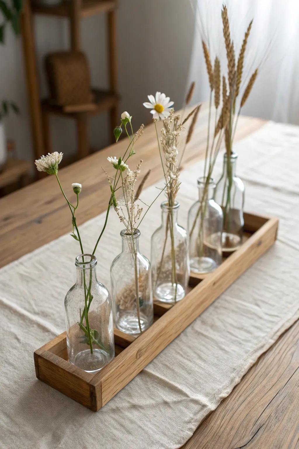Thrifted bottle bud vases on a simple oak tray—rustic, low, and effortlessly elegant.