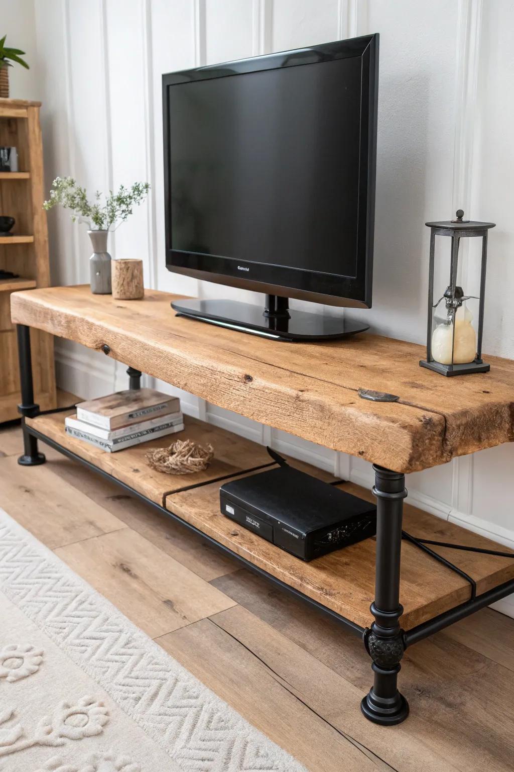 Rustic warmth meets clean industrial style: reclaimed wood TV stand on a matte black pipe base.