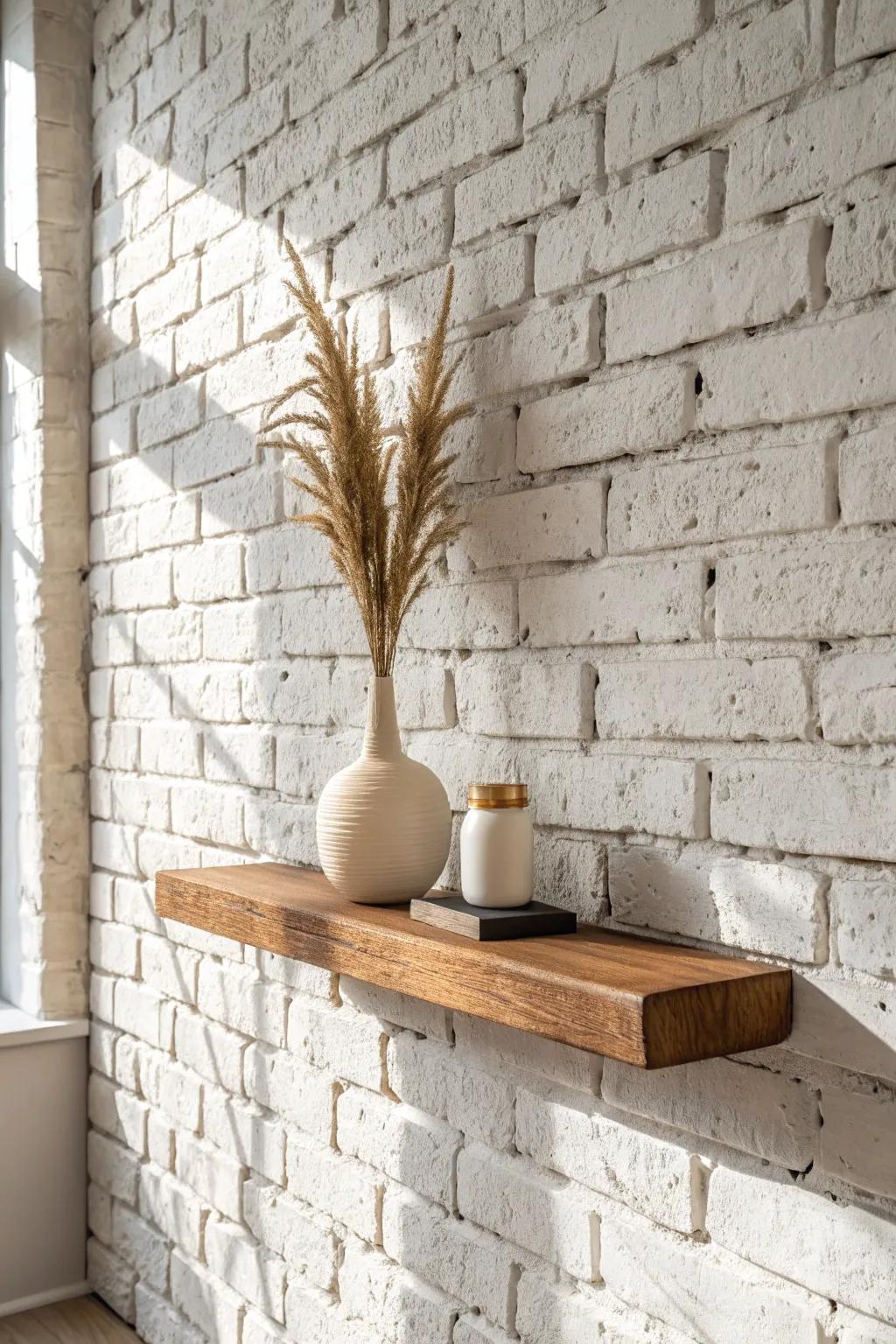 Old-world brick texture paired with a chunky reclaimed oak shelf for a cozy rustic feature wall.