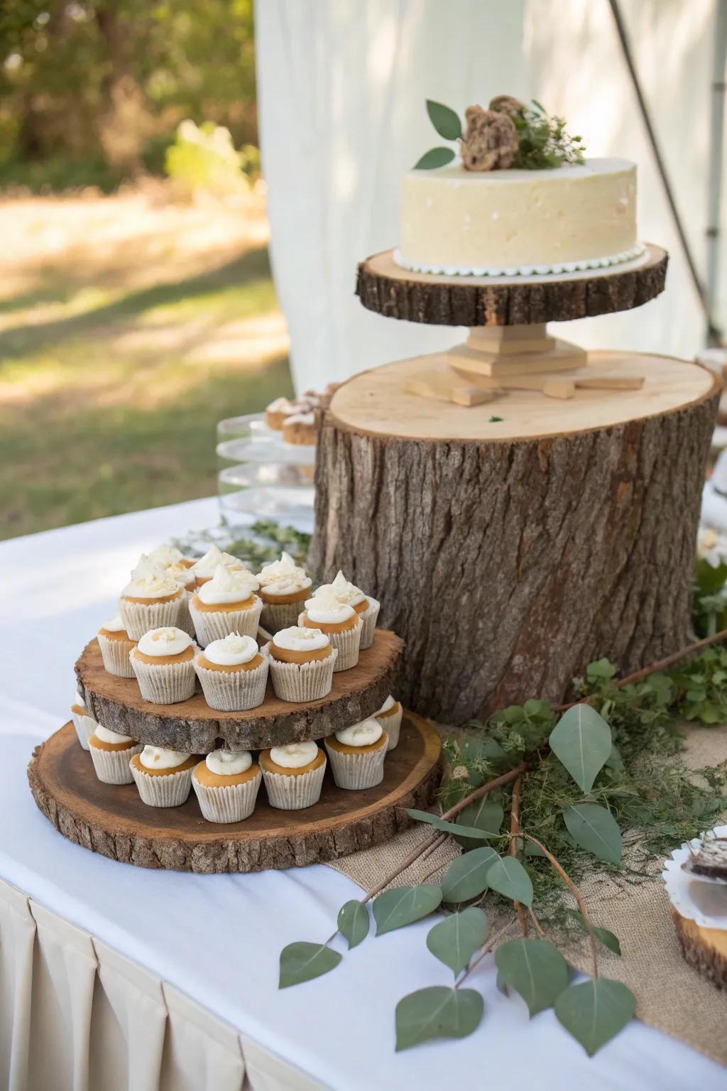 Log slice risers add rustic height—perfect for cupcakes and mini pies on your cake table.
