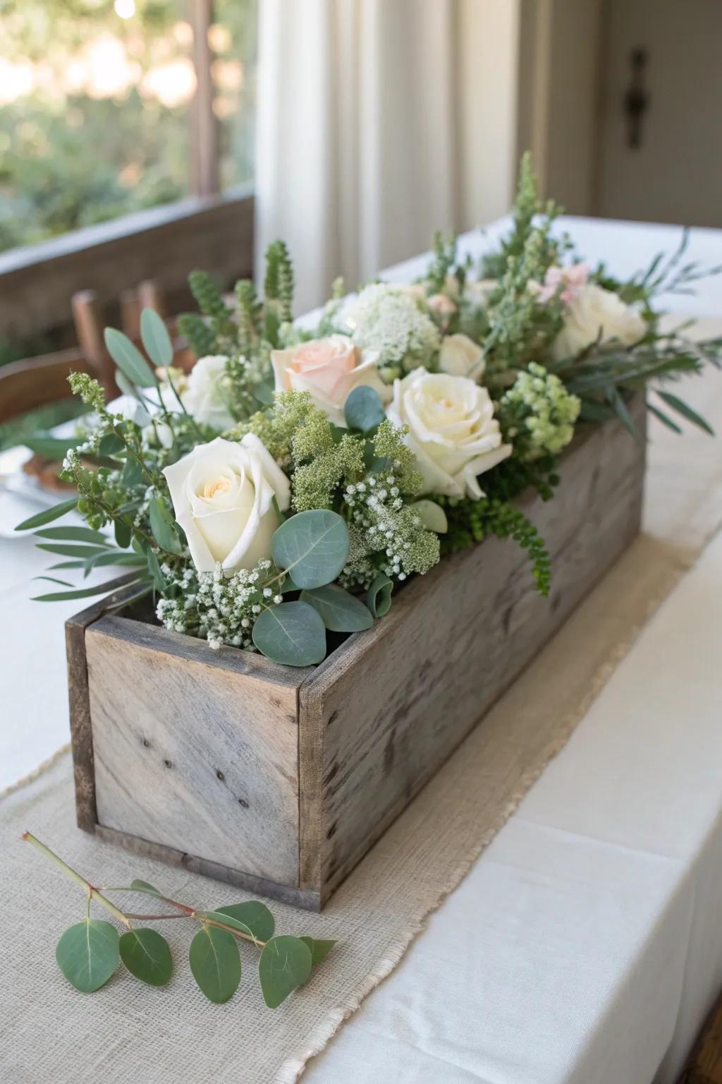Reclaimed wood box planter with pale blooms and soft greenery—rustic, minimal, and timeless.