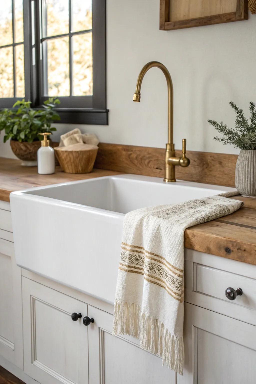 A farmhouse apron sink in reclaimed oak—rustic, functional, and made for easy entertaining.