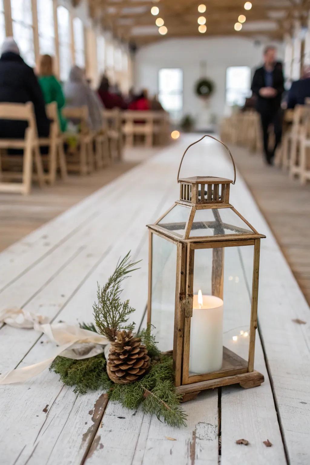 Lantern-lit aisle glow with cedar sprigs—rustic winter warmth in minimalist style.