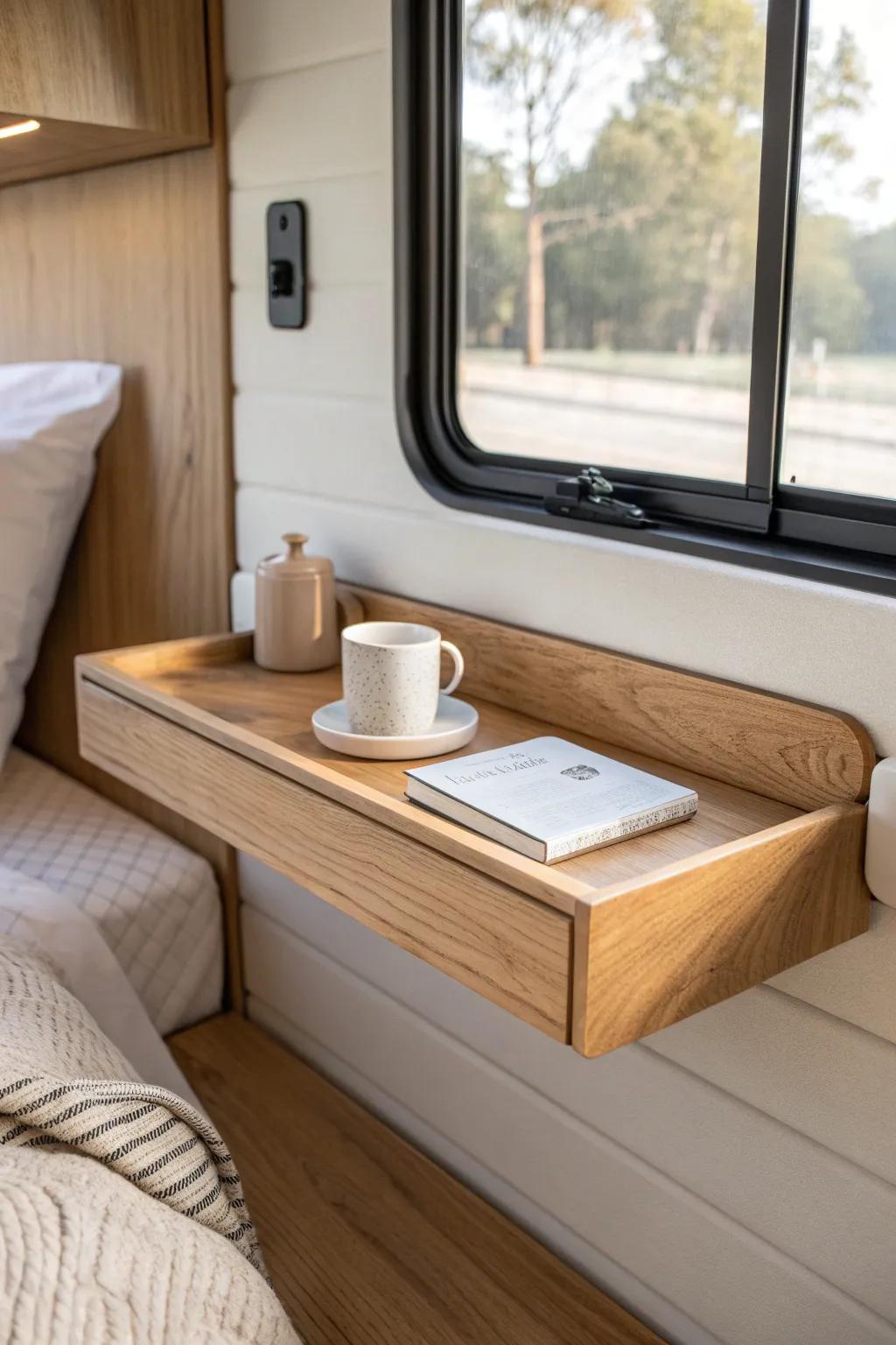 Slim built-in oak bedside ledge: the tidy RV bed upgrade for phone, book, and water.