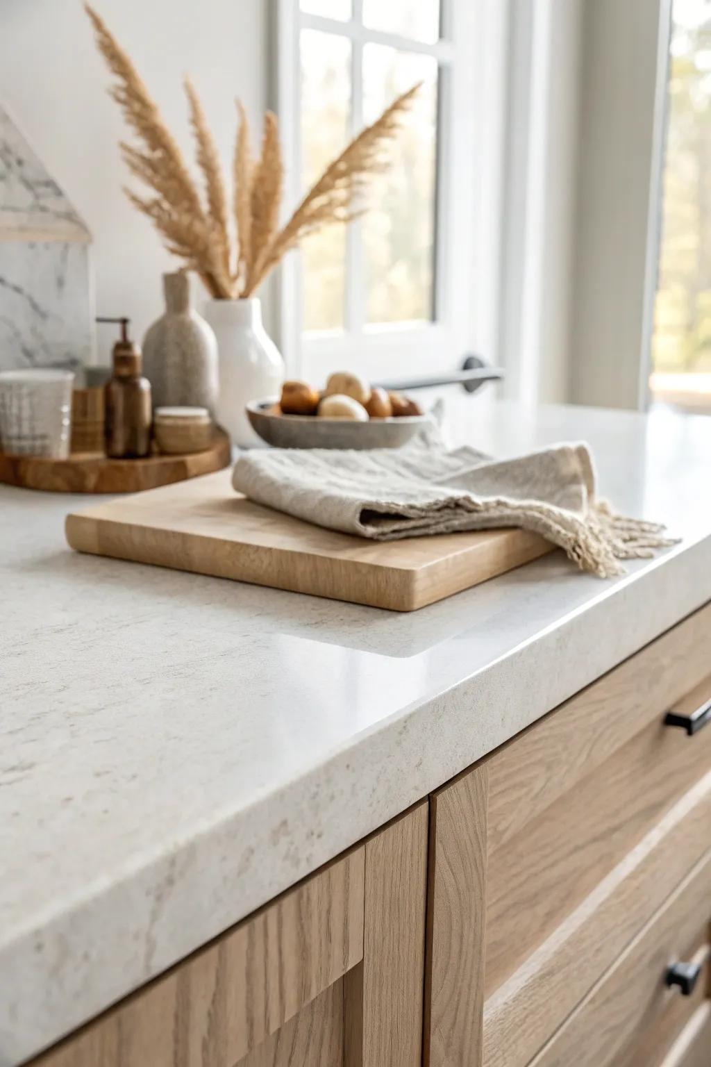 Seamless stone look, RV-friendly weight—solid-surface style panel with a clean cut edge.