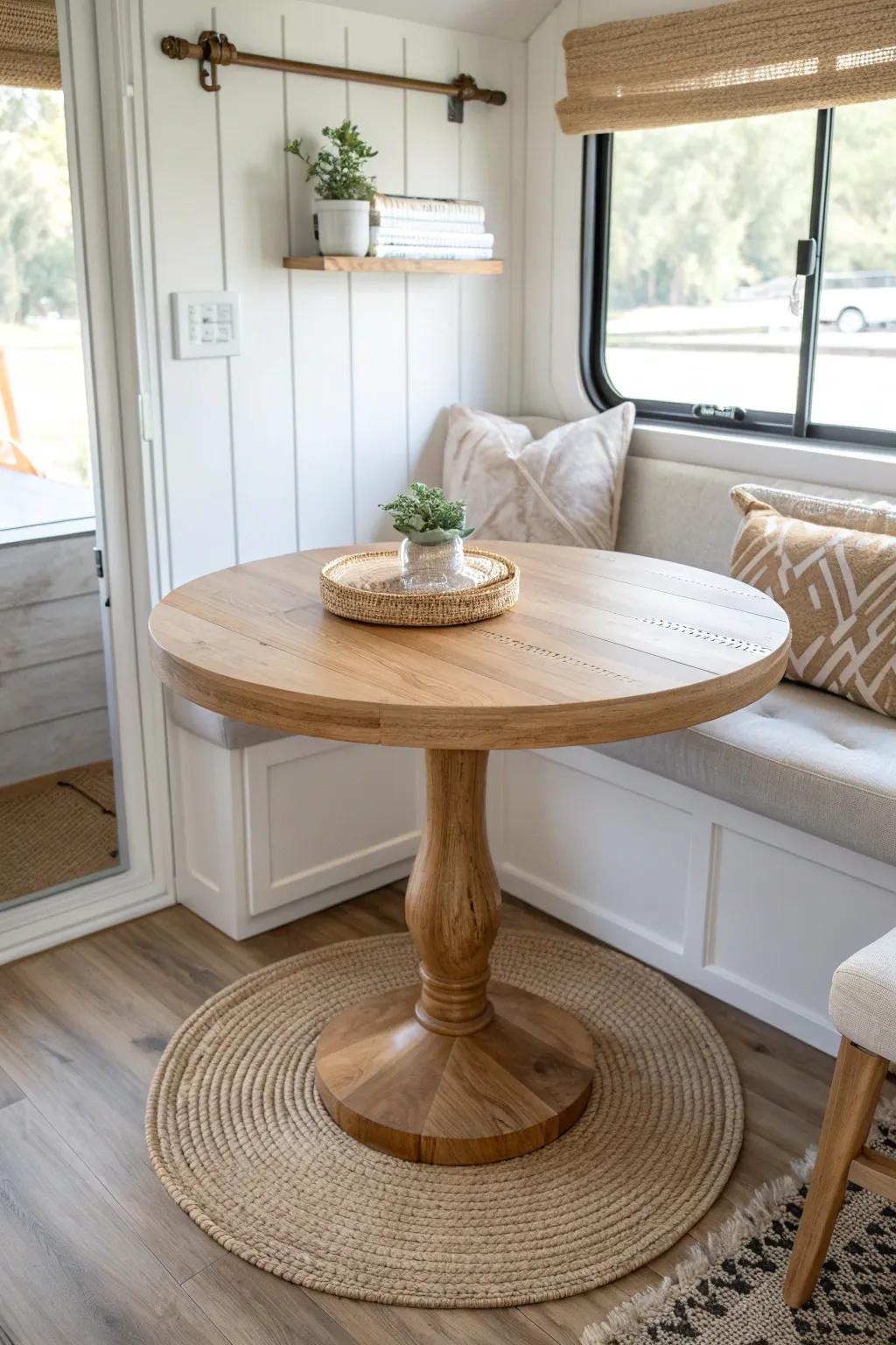 A round RV dining table opens the walkway and keeps the nook calm—no sharp corners.