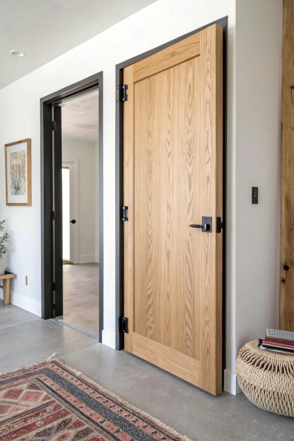 Out-swing solid wood safe-room door: minimal look inside, serious strength where it counts.