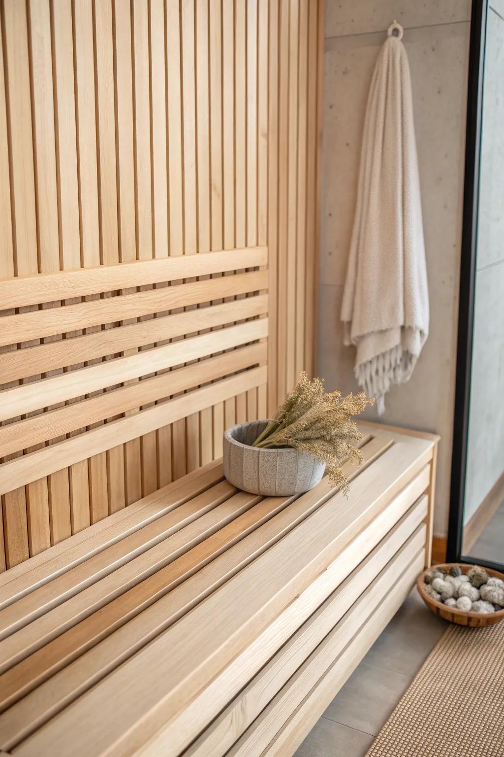 Vertical slat feature wall: a simple wood detail that makes any sauna feel taller.