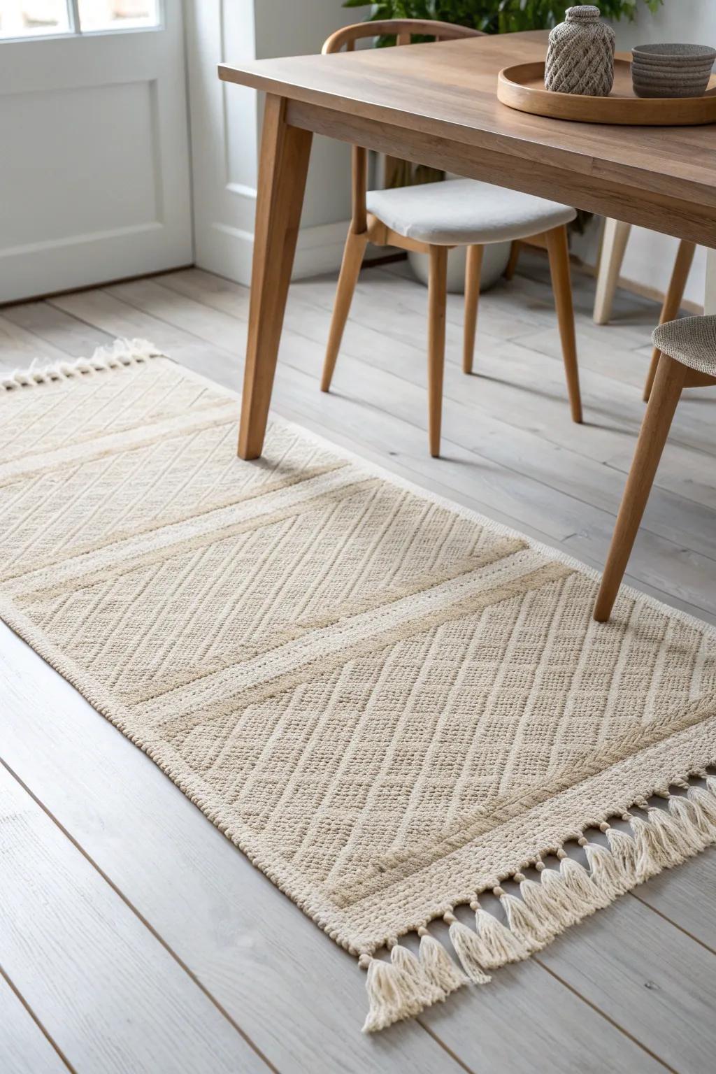 Neutral woven rug grounds the dining zone—quiet texture, warm tones, Scandinavian calm.