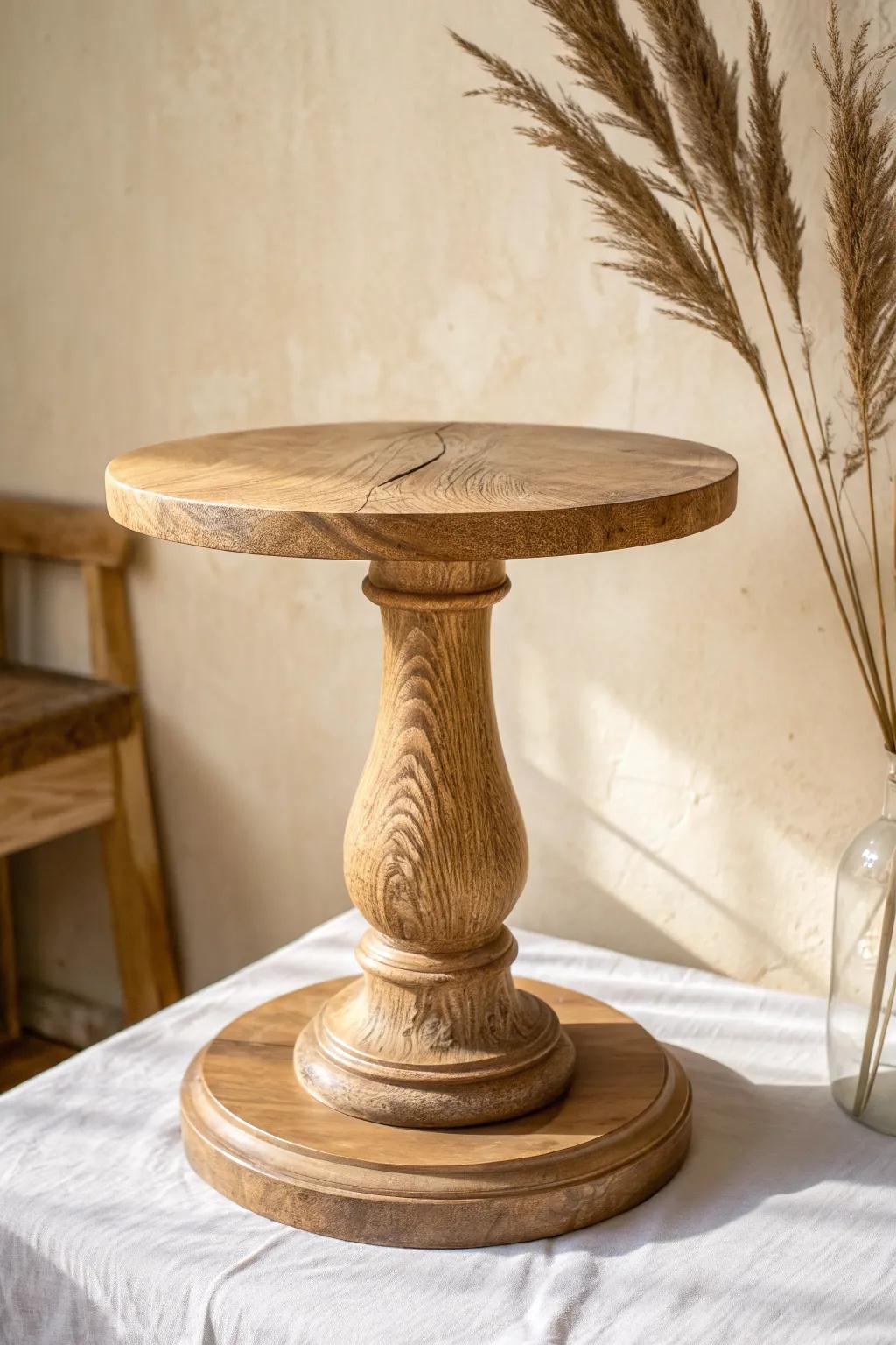 Round turned wooden pedestal—soft curves and calm grain for a cohesive sculpture base.