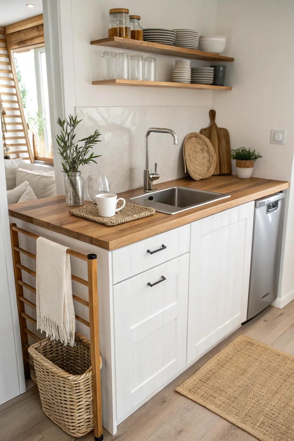A cozy basement kitchenette bar—oak top and compact prep sink for effortless game-night hosting.