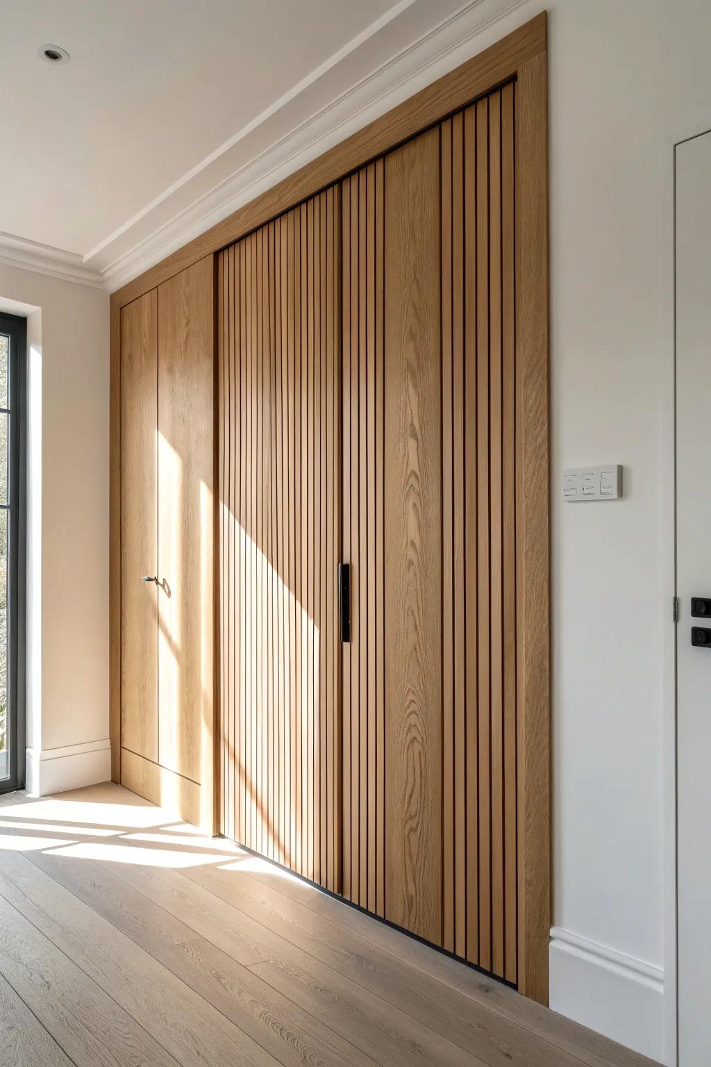 An invisible secret door disguised in seamless oak slats—clean lines, shadow gap, pure craft.