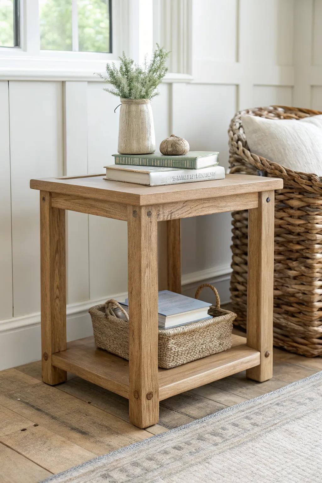 Chunky oak end table with a bottom shelf to stack books and baskets—clean, cozy, clutter-proof.