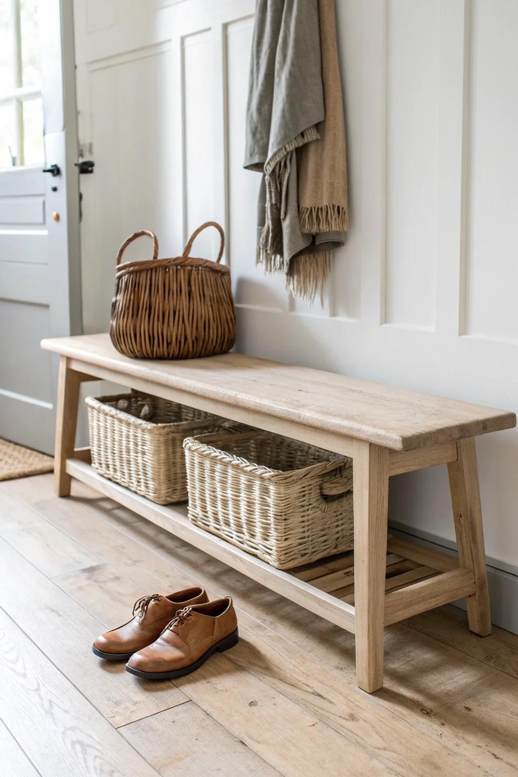 Shabby chic entryway bench with wicker baskets—simple, warm storage with handmade charm.
