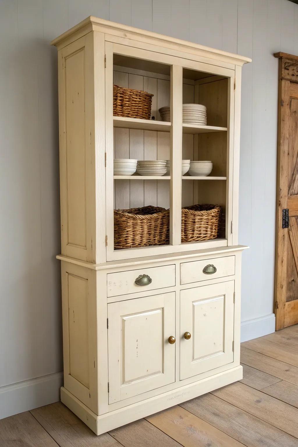 A creamy freestanding pantry hutch that adds vintage storage and effortless shabby-chic charm.