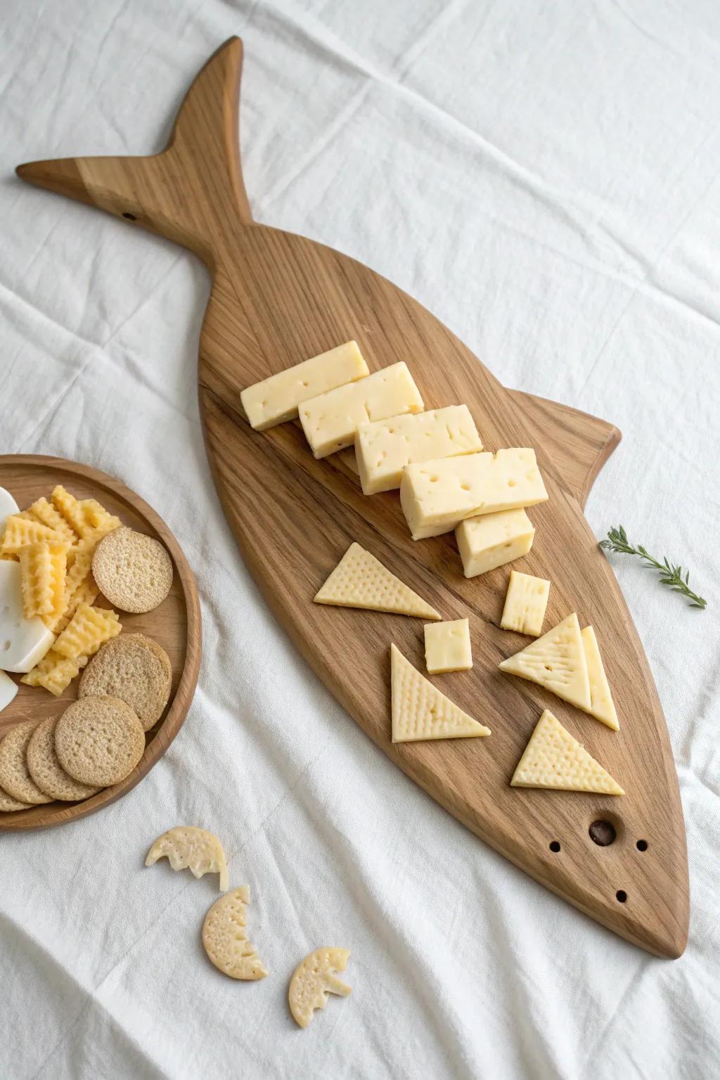 Cheddar fish cutouts “swim” from the shark—smart scraps fill gaps for a fuller board.
