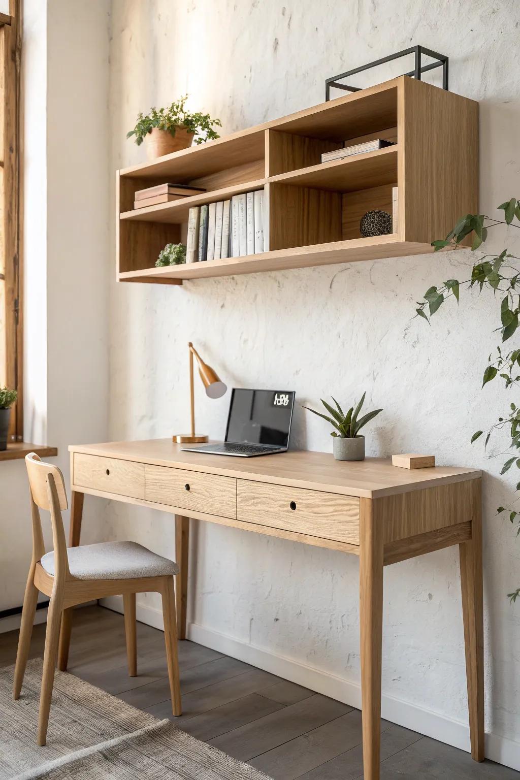 A built-in style shelf above the desk with slim side supports—clean, crafted, and cable-friendly.