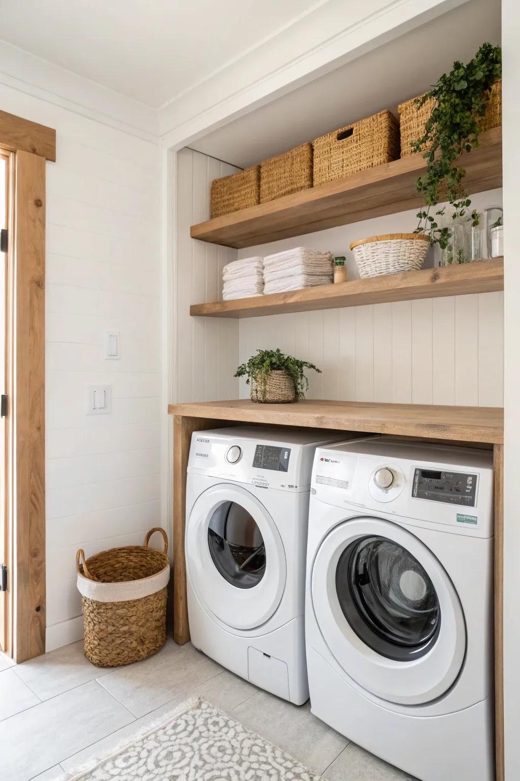Seamless built-in shelves with simple trim for a polished, custom look above laundry.