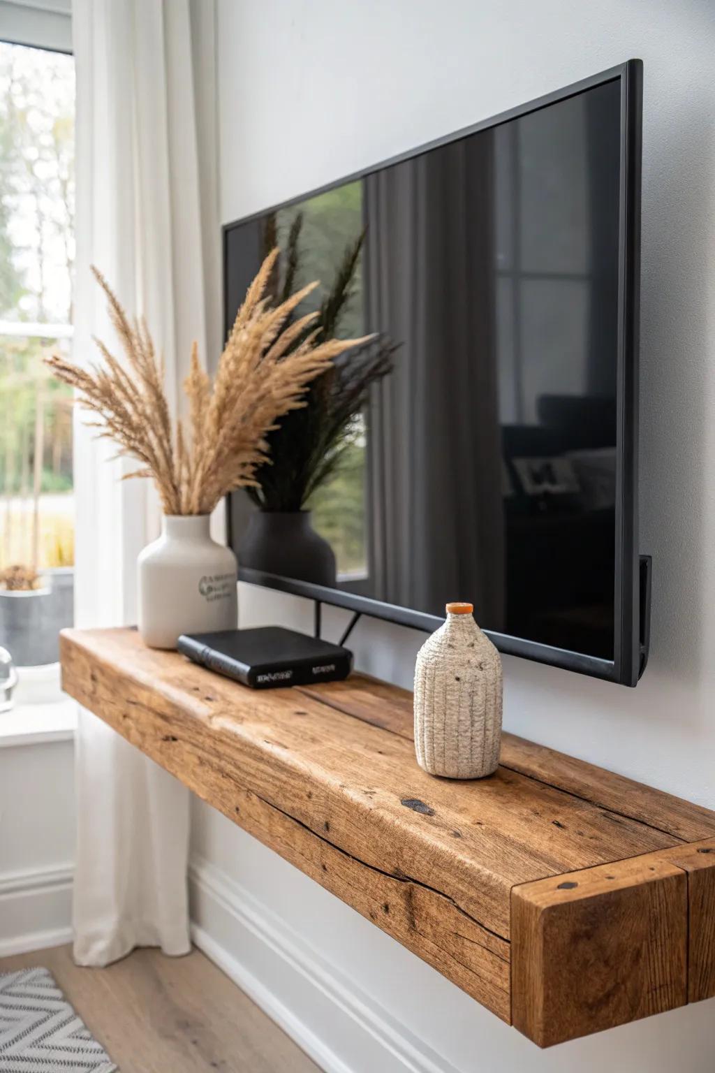 Warm reclaimed wood shelf beside a sleek TV—farmhouse texture meets minimalist calm.