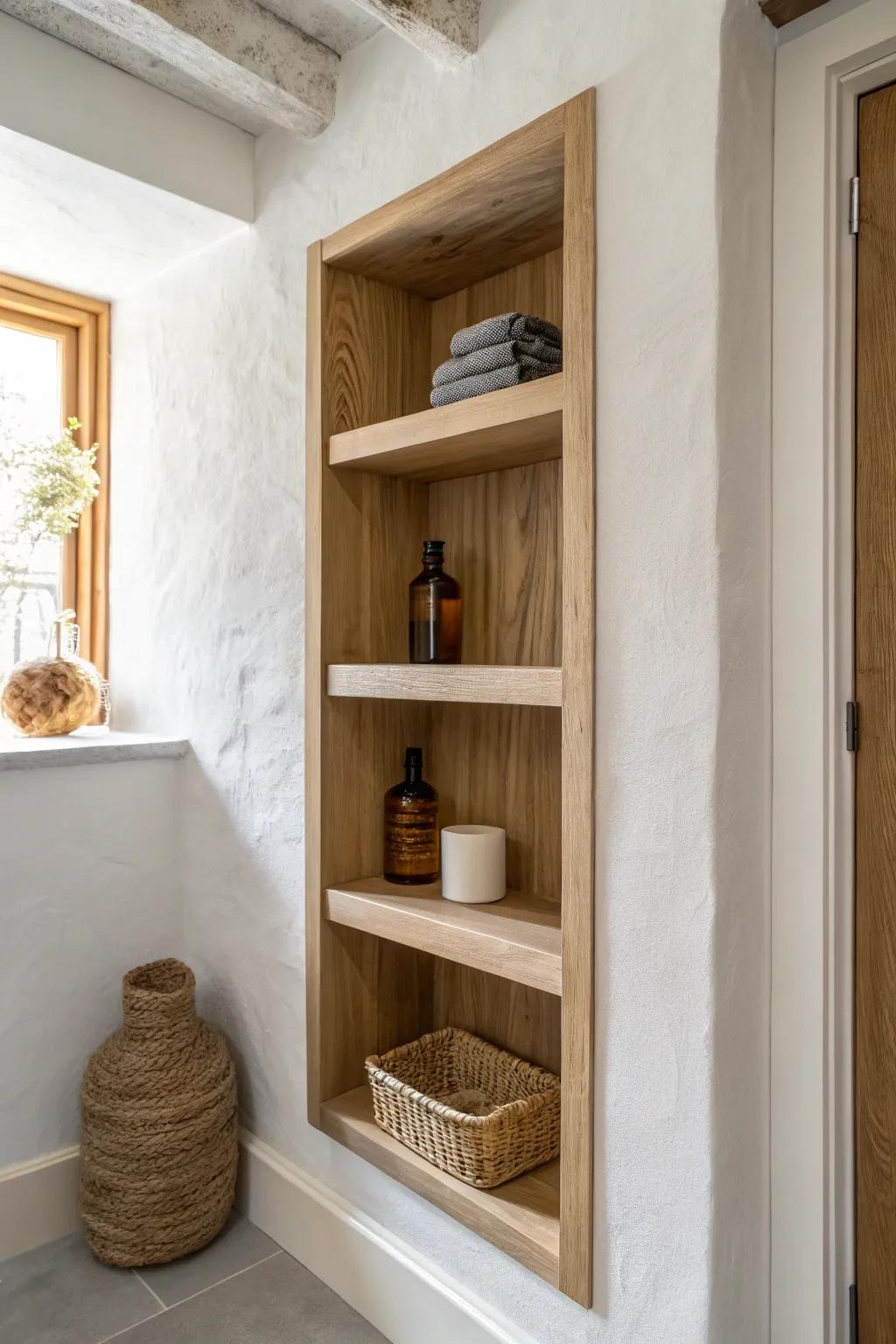Hidden square footage: a slim stud-bay shelf keeps tiny supplies tidy and beautiful.