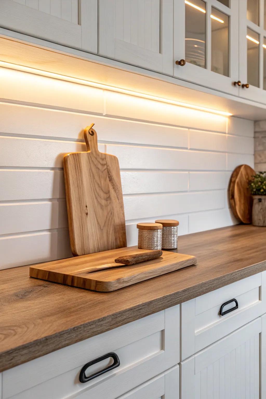 Shiplap just under the uppers—adds cozy texture and warmth without crowding your kitchen.