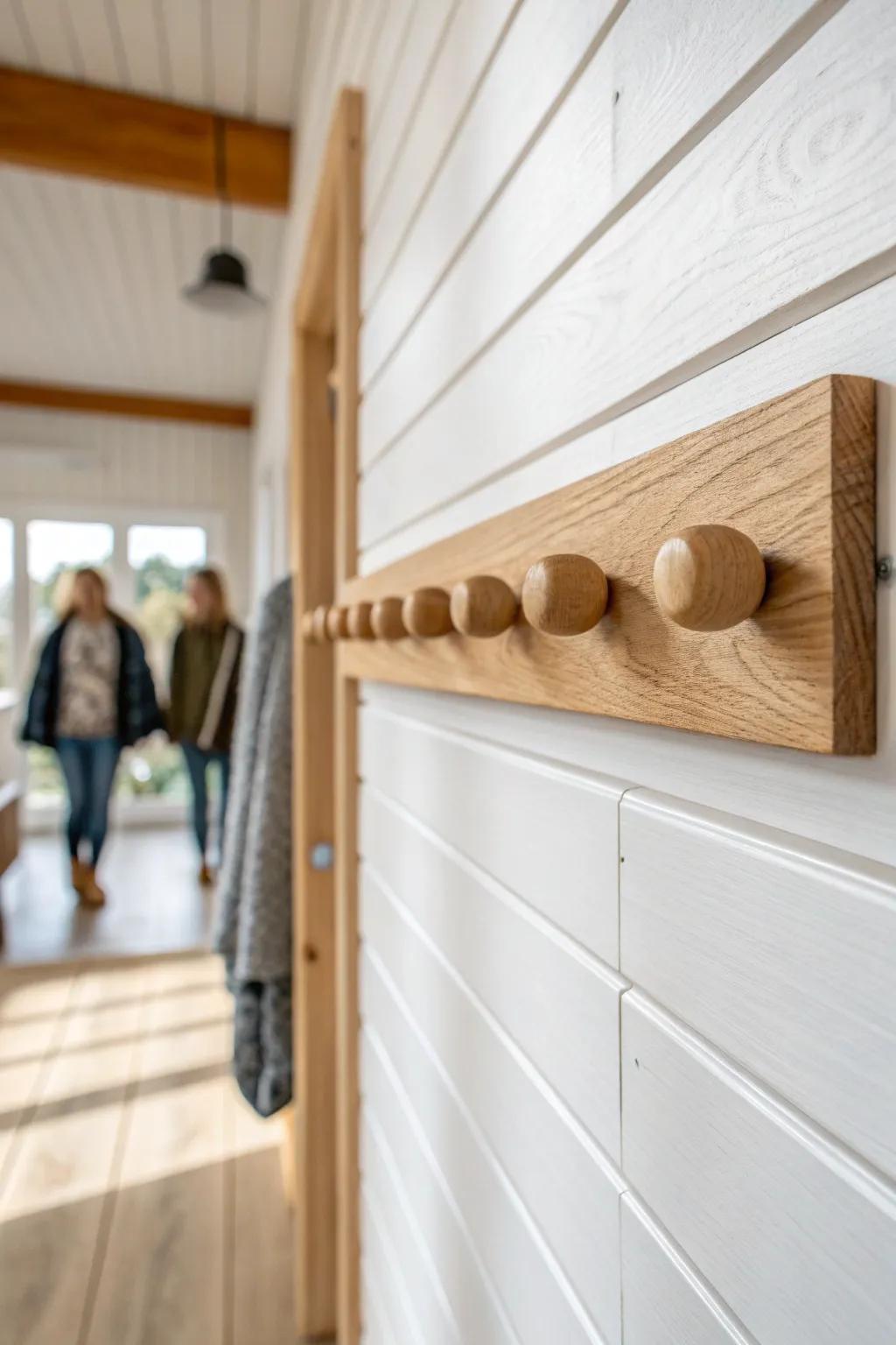 A simple oak peg rail over shiplap adds instant built‑in mudroom storage—warm, clean, and airy.