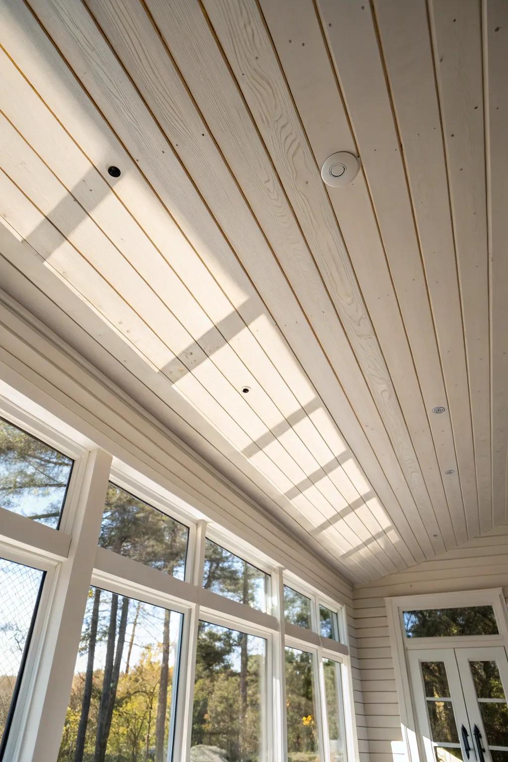 Morning light on a shiplap ceiling adds soft texture and a custom, sunlit finish.