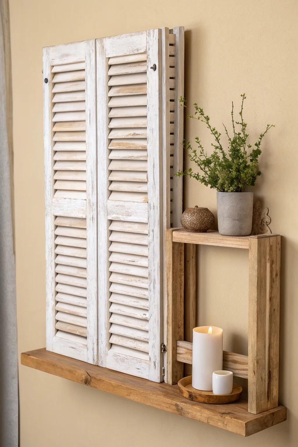 A simple shutter shelf: two shutters, one board—perfect for candles and tiny plants.