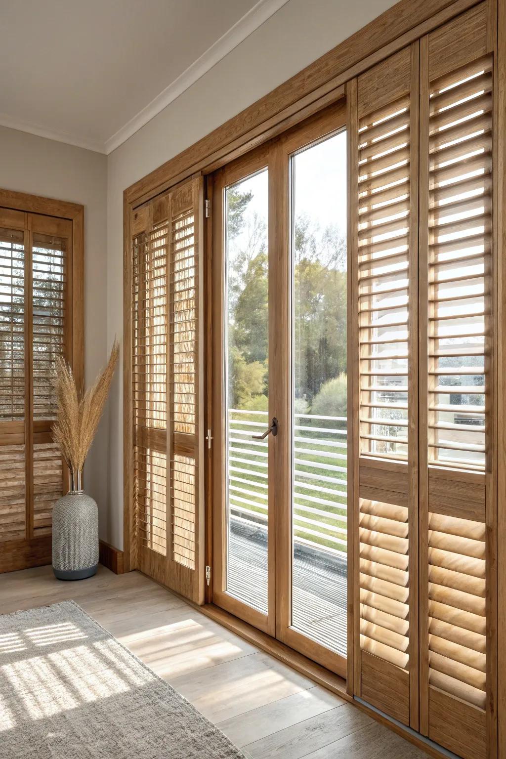 Floor-to-ceiling oak shutters add clean vertical lines and warmth to tall living-room windows.