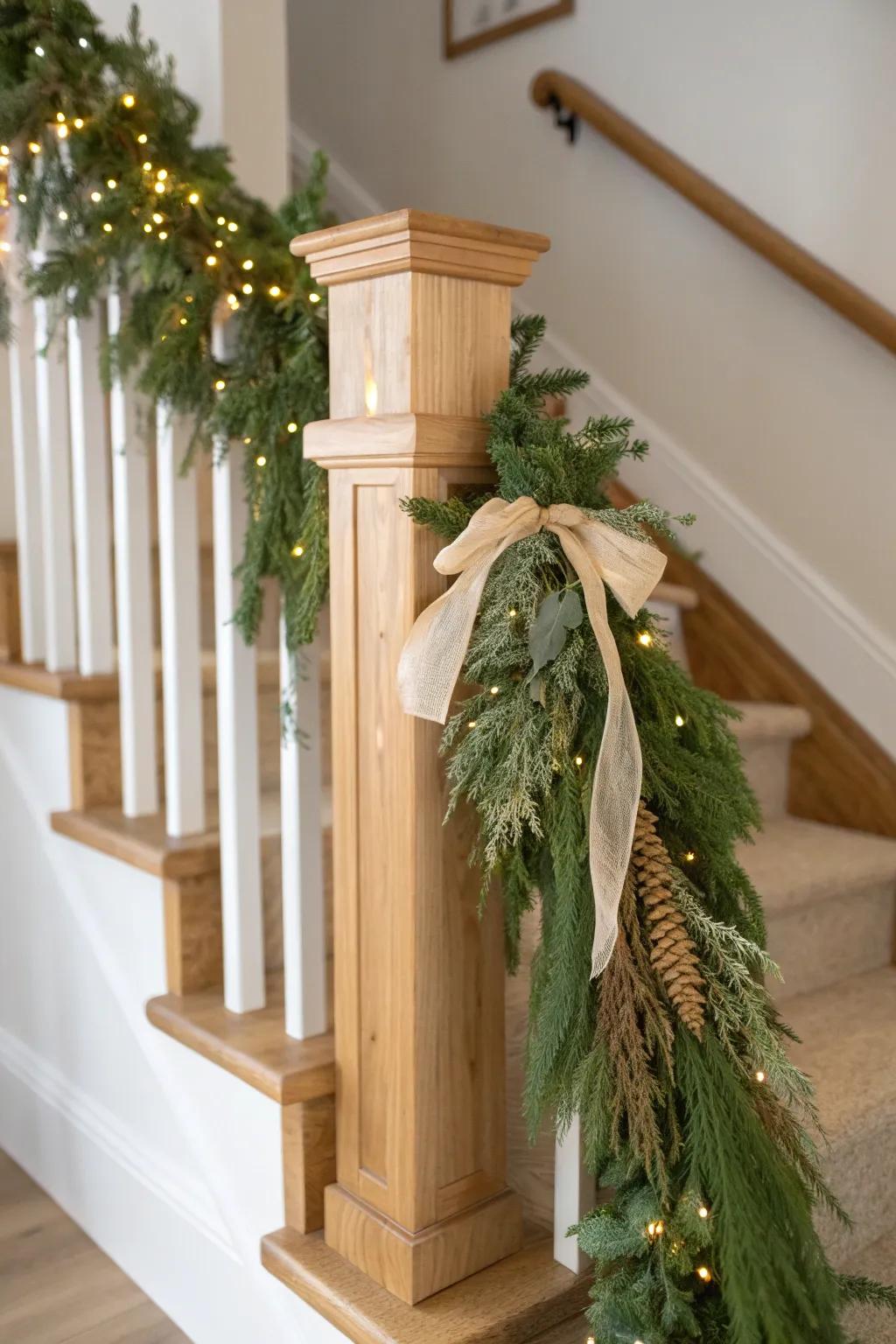 Let the garland spill at the newel—an effortless, styled Christmas banister finish.