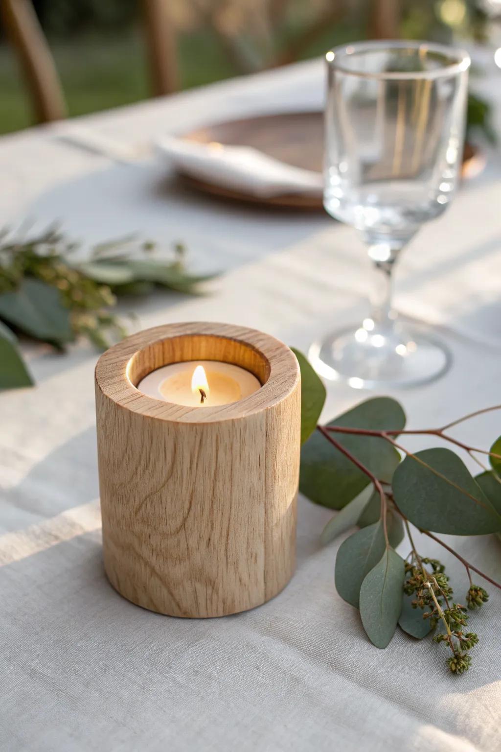 Warm sparkle made simple: a glowing oak votive brings cozy wedding table magic.