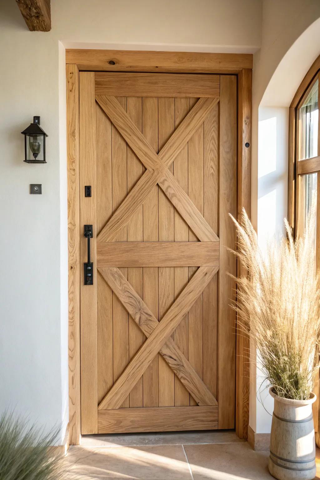 Farmhouse X-brace warmth—clean Scandinavian lines with handcrafted wood detail.