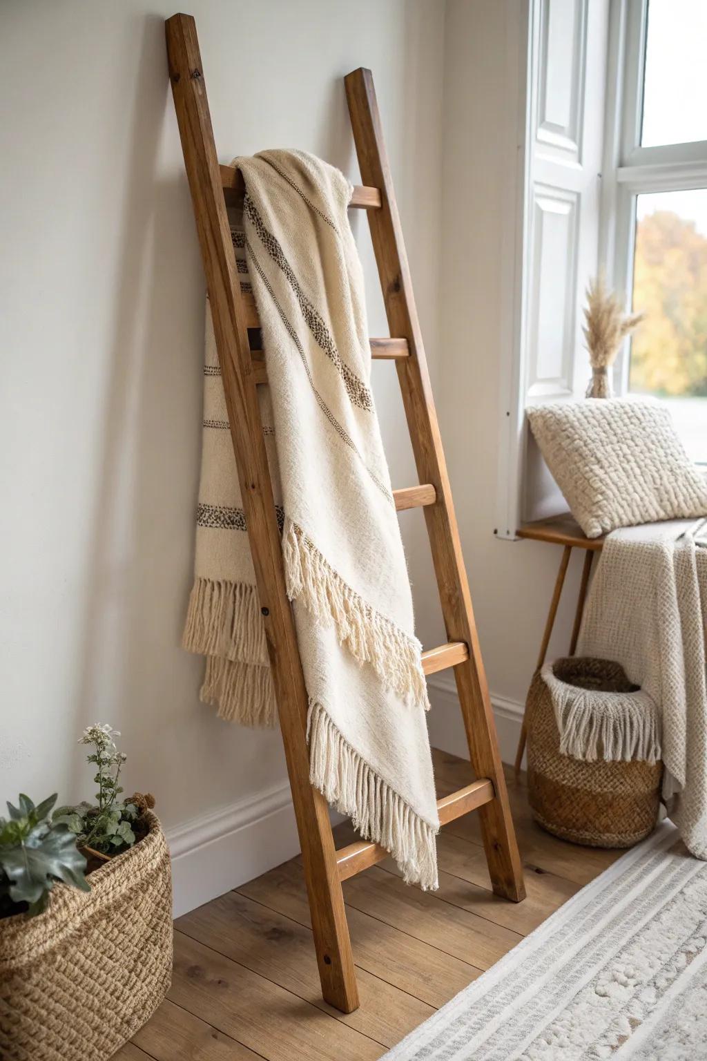 Oak blanket ladder with layered wool + faux fur—minimal ski-lodge warmth, bunk-room cozy.