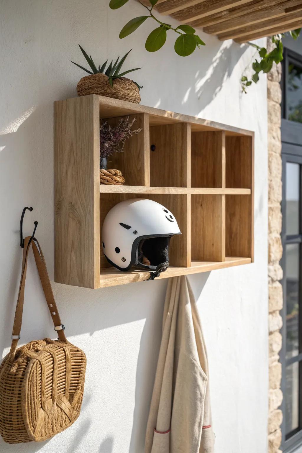 Upper helmet cubbies keep the bench clear—beautifully crafted storage that dries gear fast.