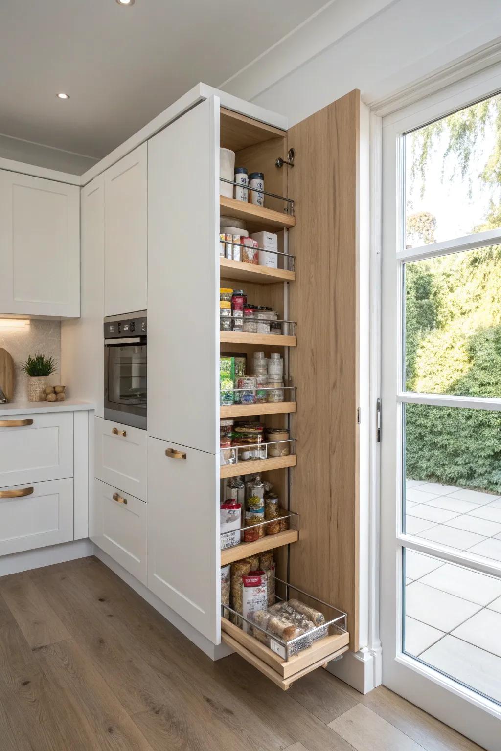 A tall, skinny pull-out pantry keeps every can visible—shallow shelves, zero wasted space.