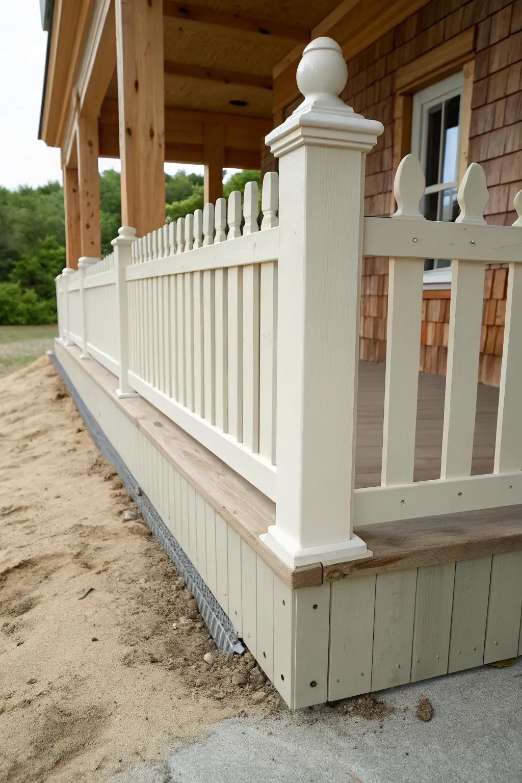 Painted picket skirting with hidden hardware cloth—sweet porch detail for pier-and-beam homes.
