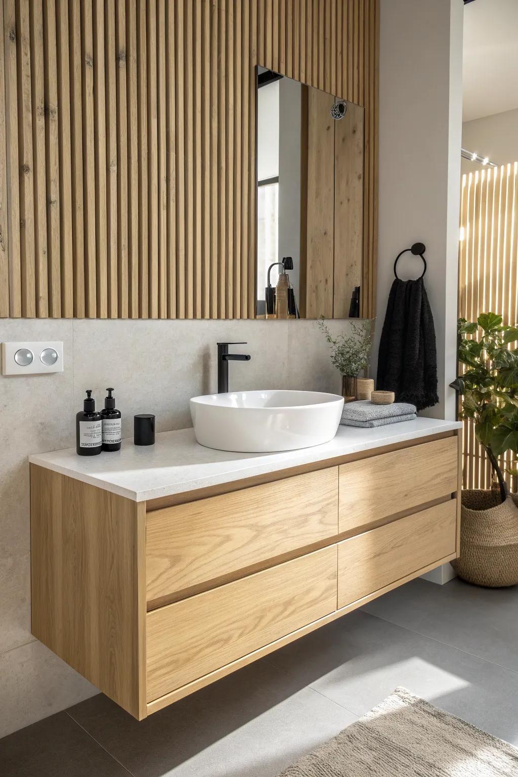 Airy floating vanity with warm oak slat wall, crisp shadow gap, and matte black tap.