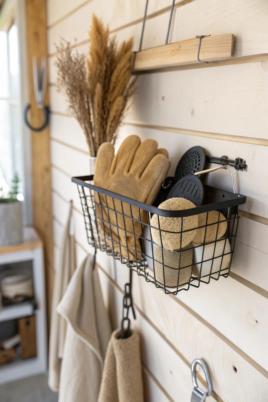 A deep slat-wall wire basket that turns “no-hook” gear into an instant drop zone.