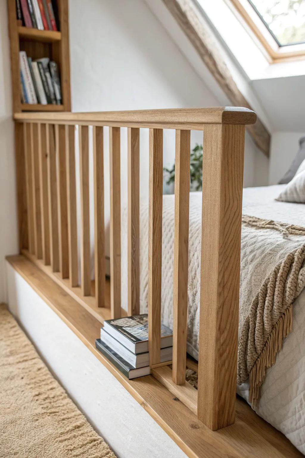 Airy oak slat rail with a built-in ledge—beautiful loft safety with a spot for book & water.