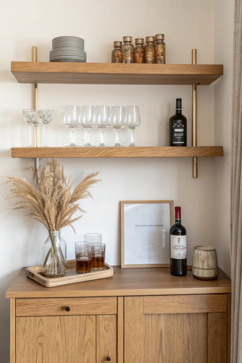 A petite bar counter made airy with shallow floating shelves for bottles and glassware.