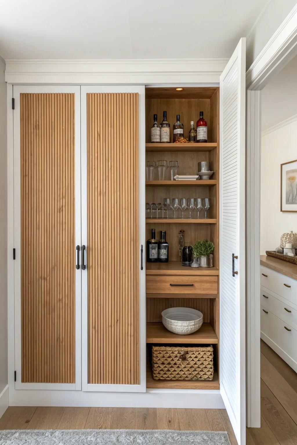 A spare closet becomes a secret bar—oak slats, hidden shelves, and a warm glow inside.