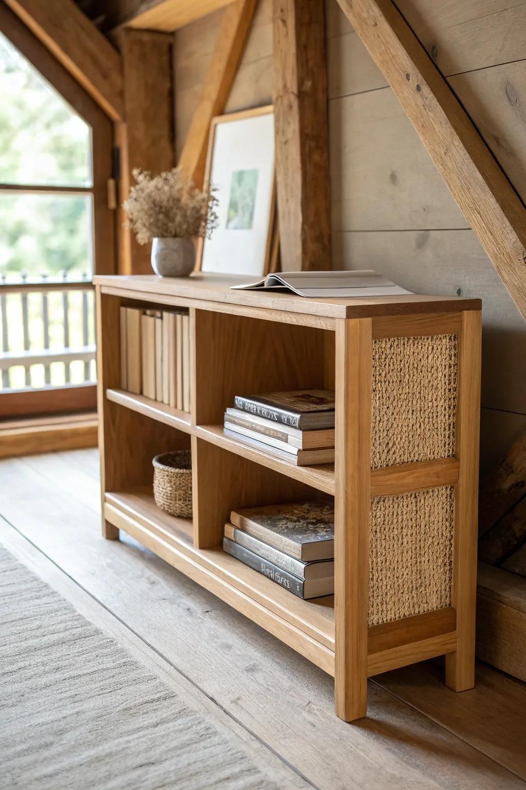 A loft-edge bookcase guardrail that adds safety and storage—softening barn timber with books.
