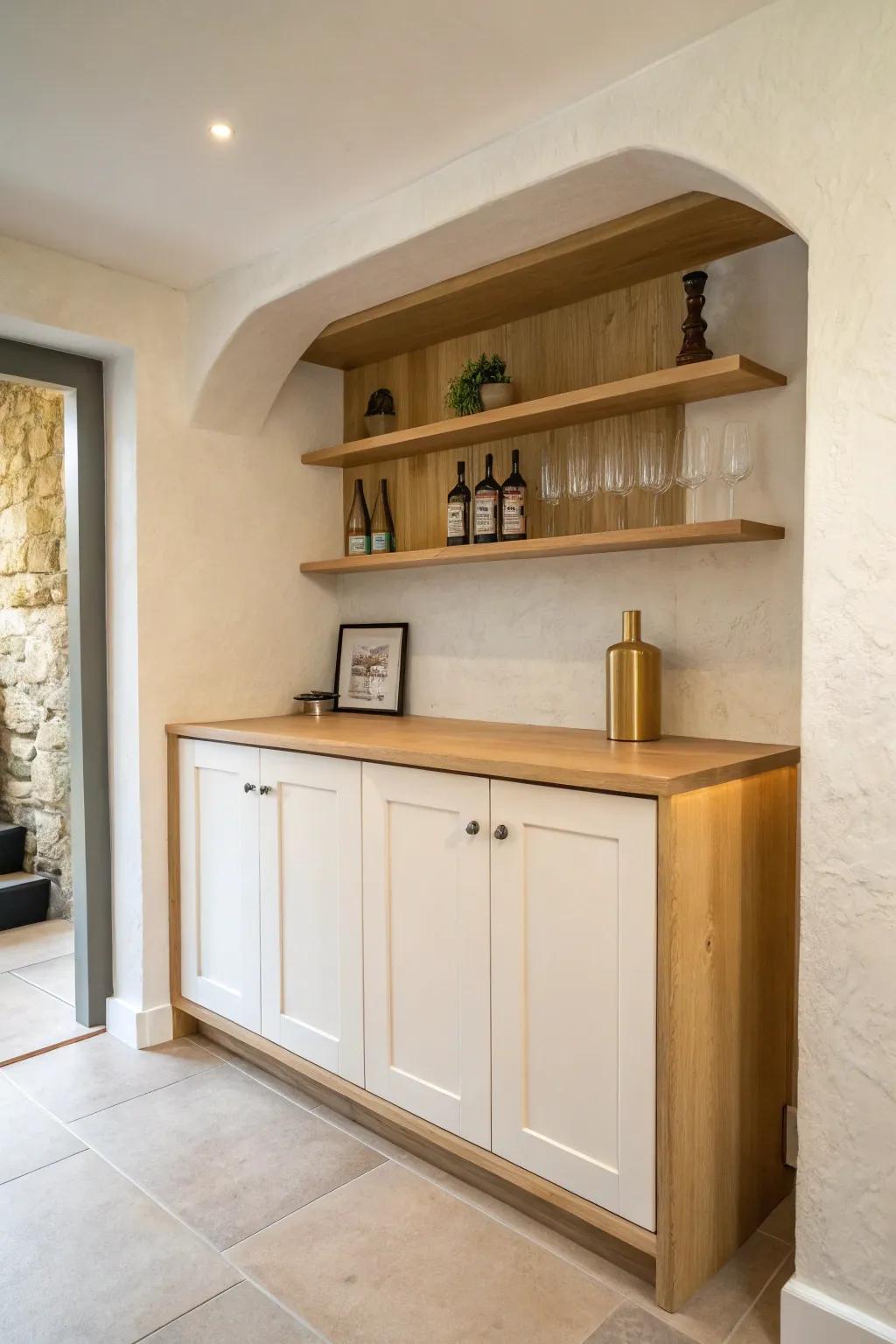 A snug alcove turns into a dreamy basement bar—floating shelves and a warm wood top.