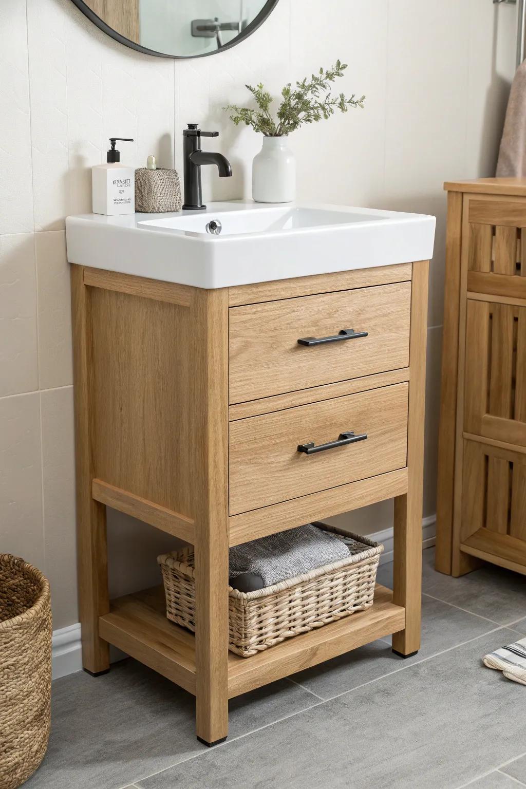 Drawer-forward small vanity: warm oak, clean lines, and tidy storage you can see at a glance.