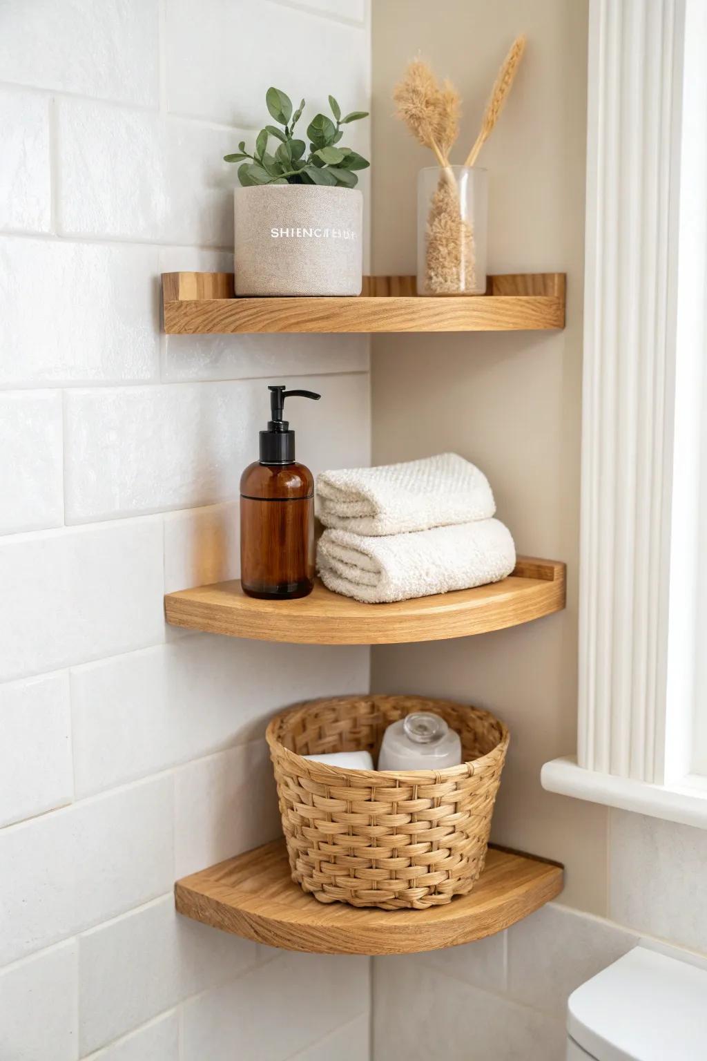 Stacked oak corner shelves keep toiletries and rolled washcloths handy without crowding the bath.